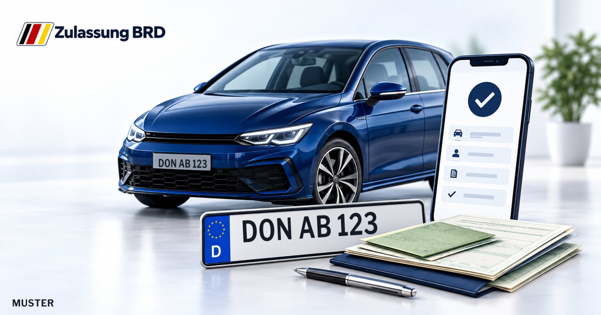 Online Fahrzeugzulassung in Landkreis Donau-Ries: Musterkennzeichen DON AB 123, Auto und Fahrzeugpapiere und Smartphone. Illustration mit Logo von Zulassung BRD.